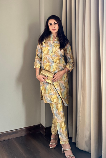 Yellow And Green Digital Bloom Habotai Silk Coord Set