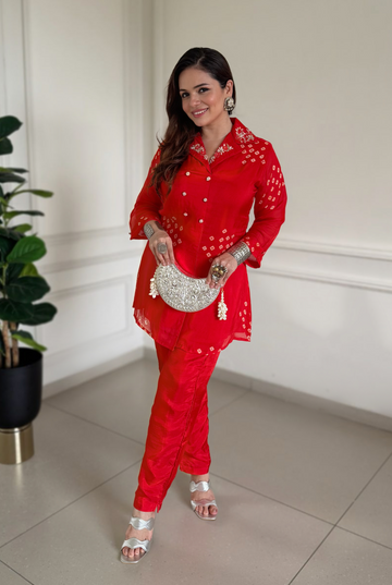 Orange Bandhej Ethereal Viscose Silk Coord Set As Seen On Heena Somani
