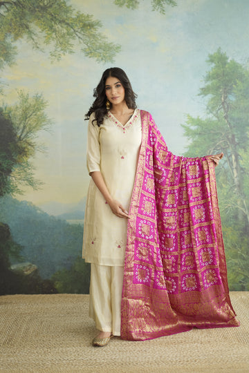 Pink Bandhej Zari Bandh Tissue Silk Kurti And Palazo Suit Set