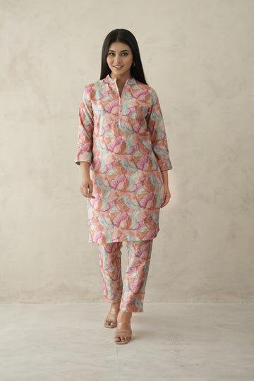 Light Pink Digital Bloom Habotai Silk Coord Set