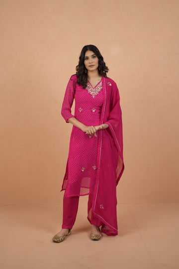 V Neck Pink Mothra Muse Handcrafted Suit Set