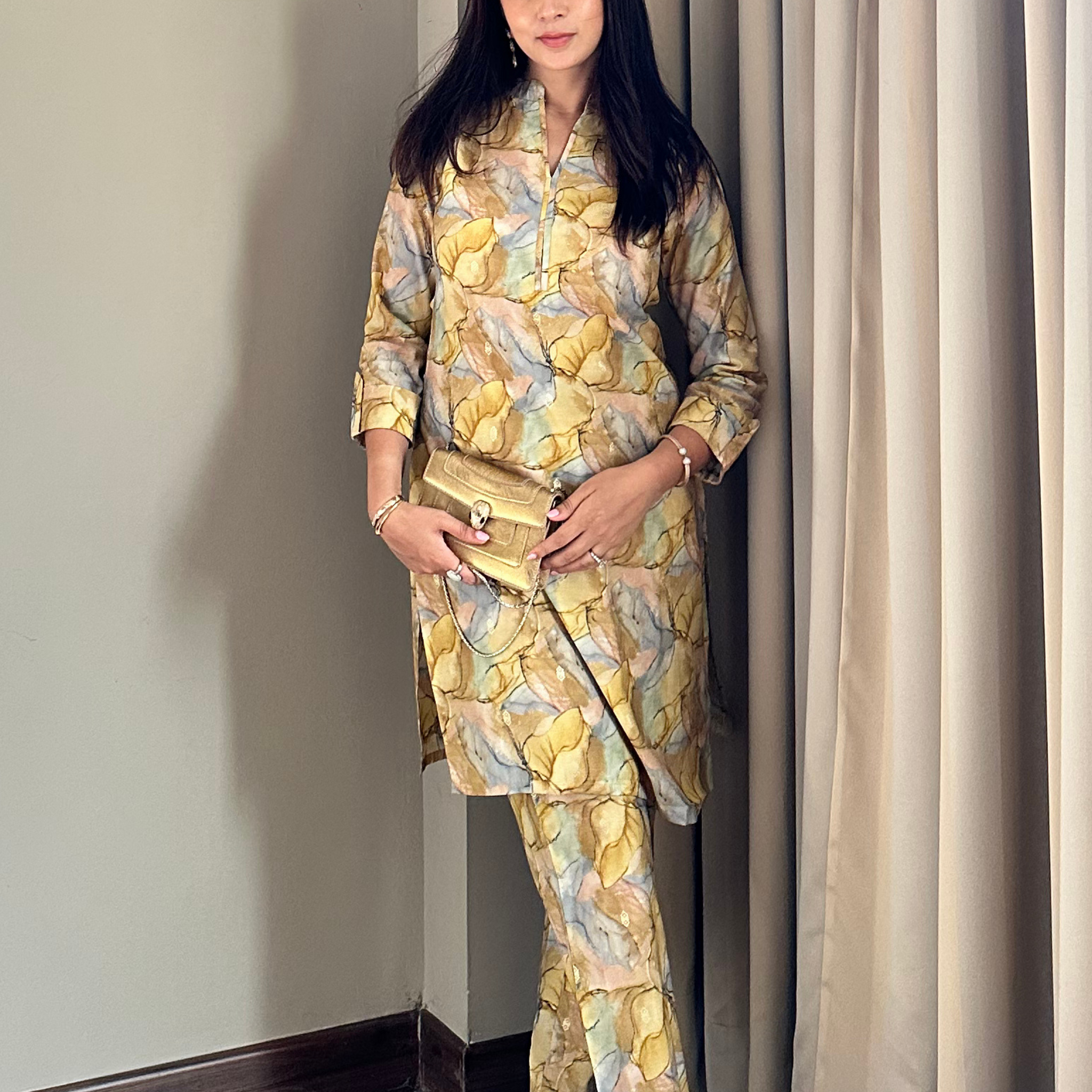 Yellow And Green Digital Bloom Habotai Silk  Coord Set