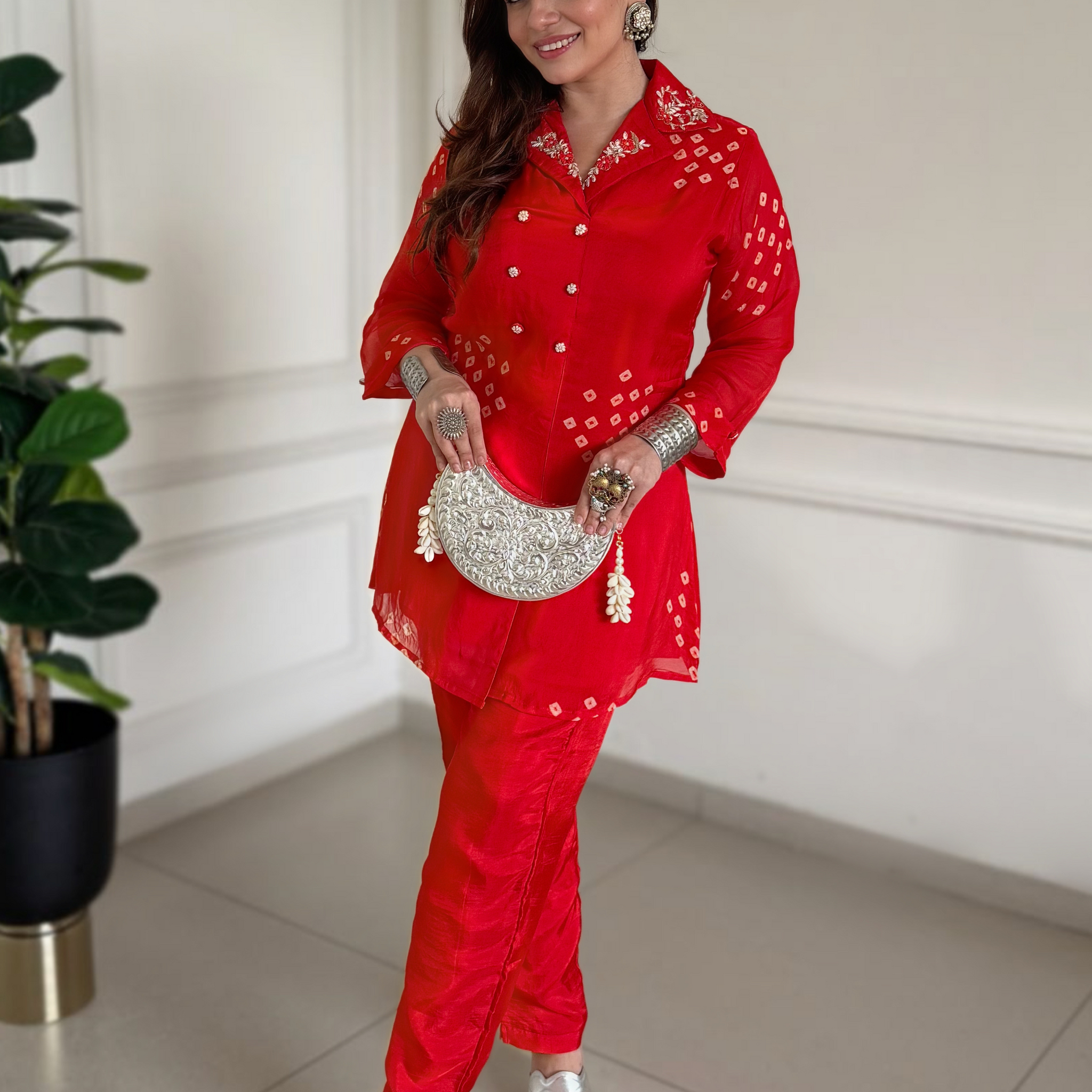 Orange Bandhej Ethereal Viscose Silk Coord Set As Seen On Heena Somani