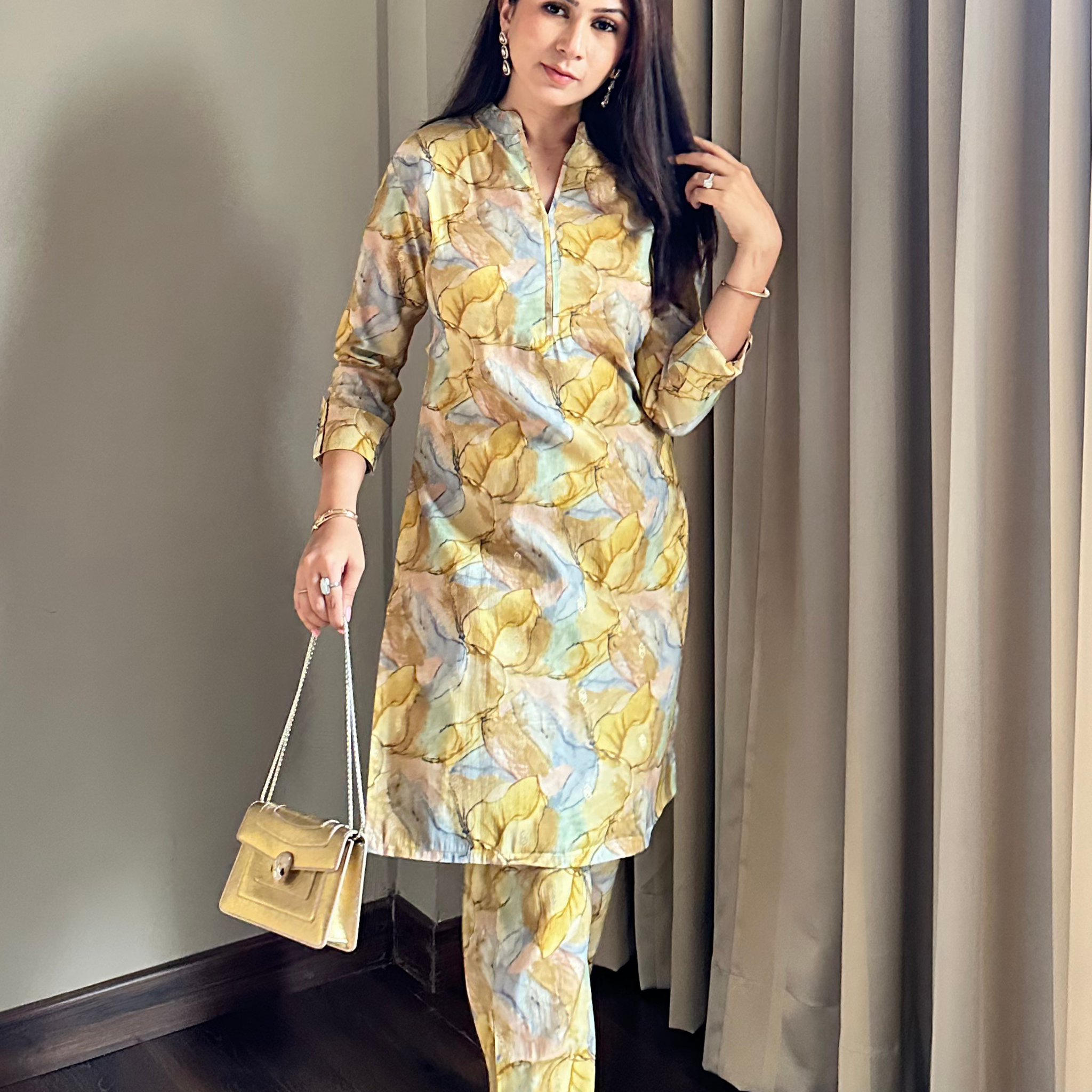 Yellow And Green Digital Bloom Habotai Silk  Coord Set As Seen On Shikha