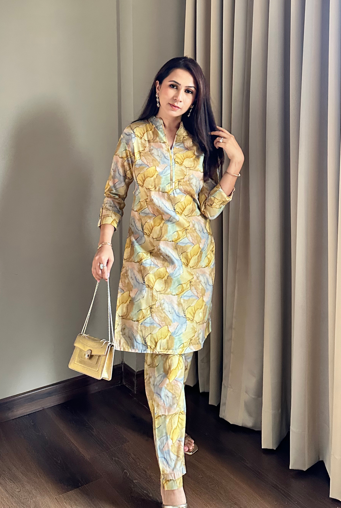 Yellow And Green Digital Bloom Habotai Silk  Coord Set
