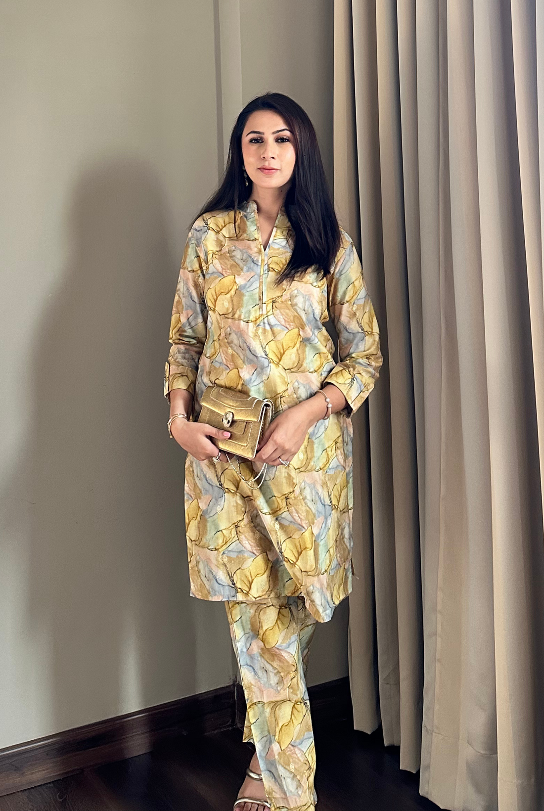 Yellow And Green Digital Bloom Habotai Silk  Coord Set As Seen On Shikha