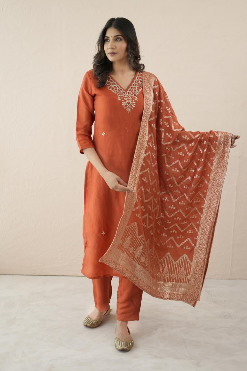 Orange Zari Silk Royale Suit Set