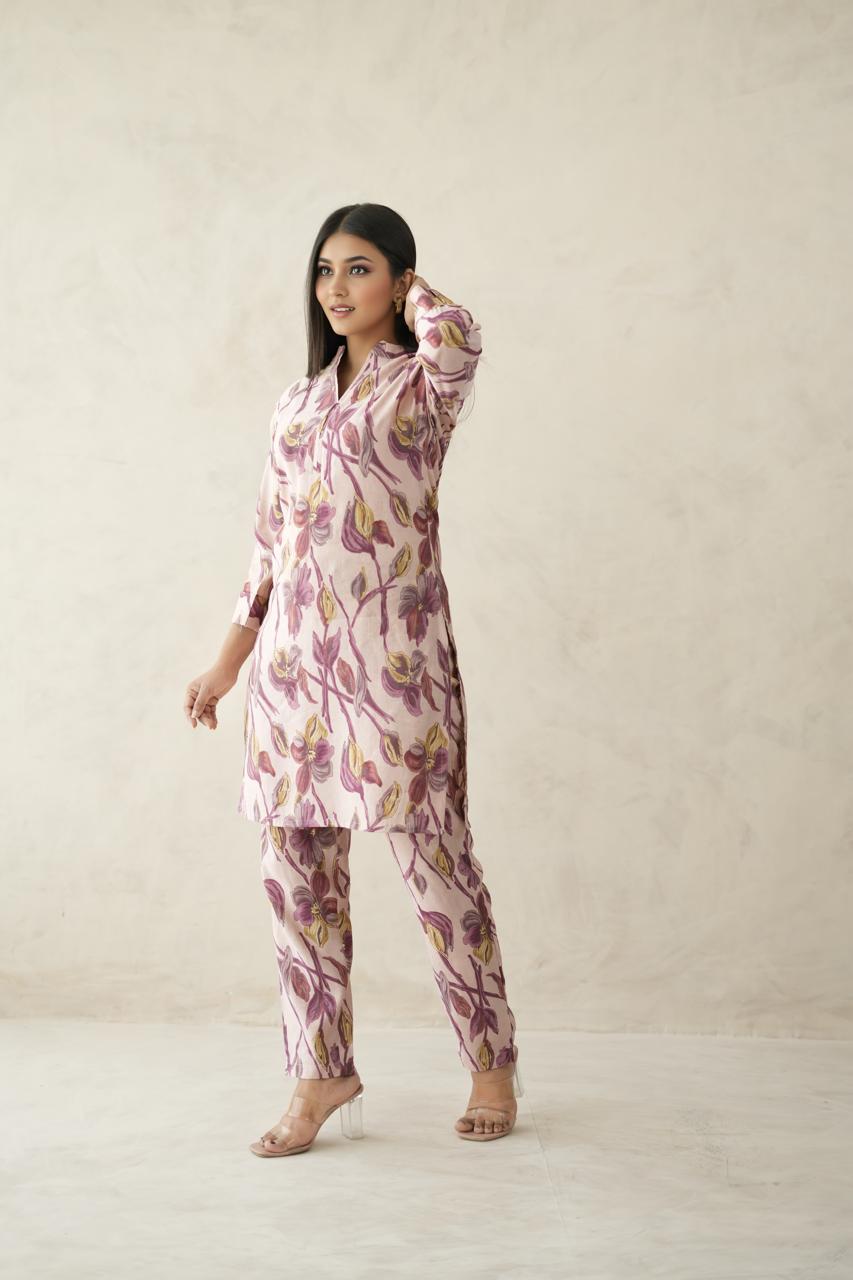Dark Pink Digital Bloom Habotai Silk Coord Set
