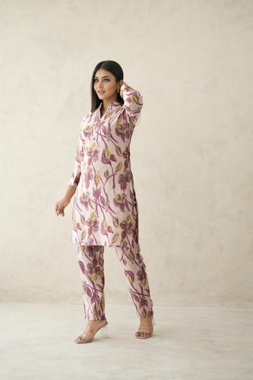 Dark Pink Digital Bloom Habotai Silk Coord Set