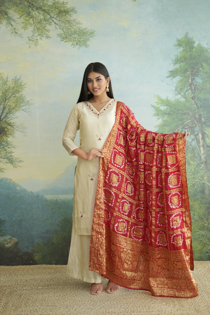 Red Bandhej Zari Bandh Tissue Silk Kurti And Palazo Suit Set