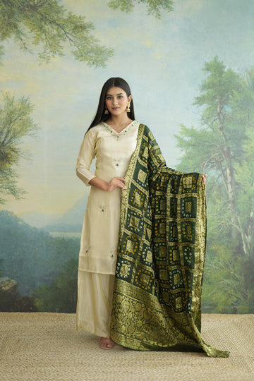 Green Bandhej Zari Bandh Tissue Silk Kurti And Palazo Suit Set