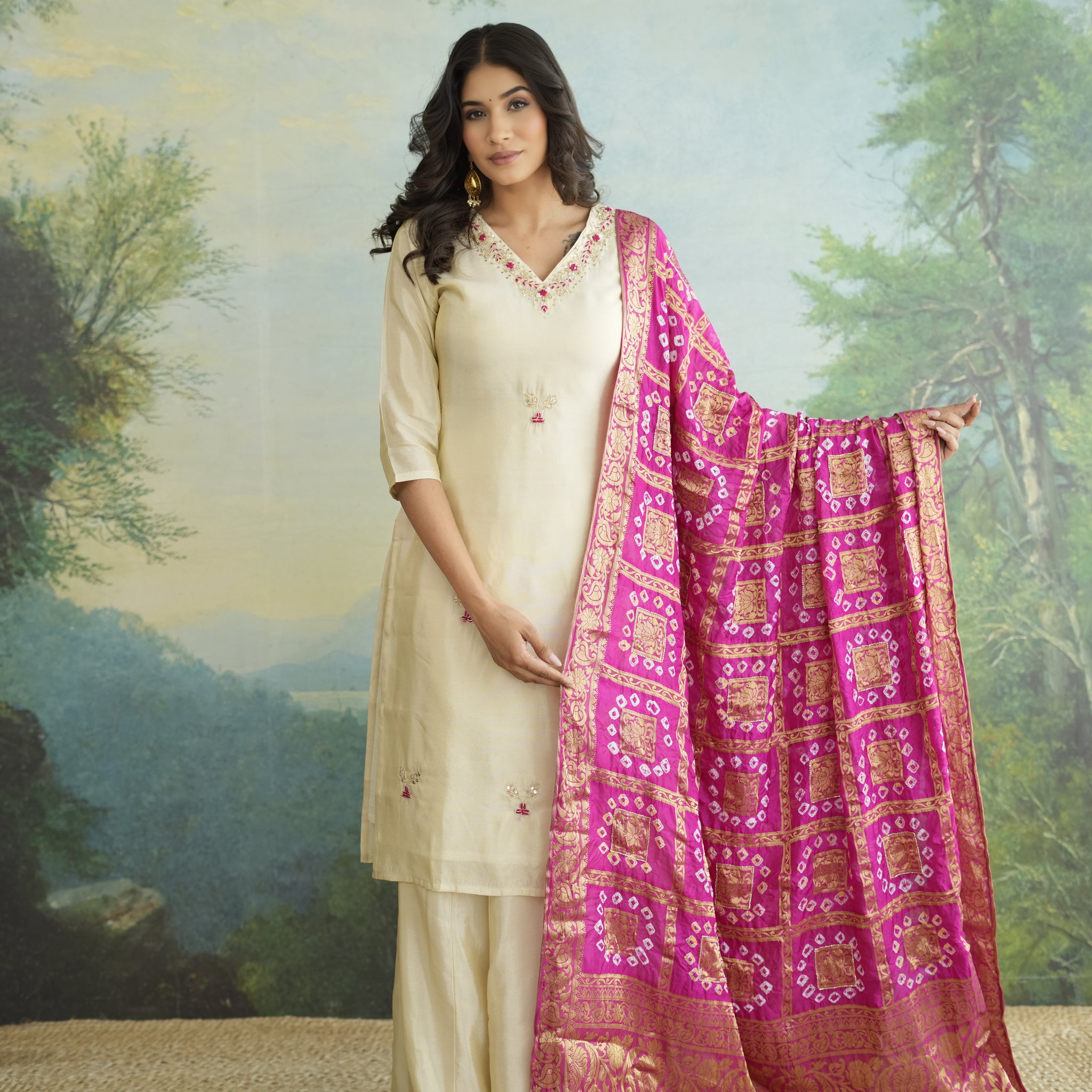 Pink Bandhej Zari Bandh Tissue Silk Kurti And Palazo Suit Set