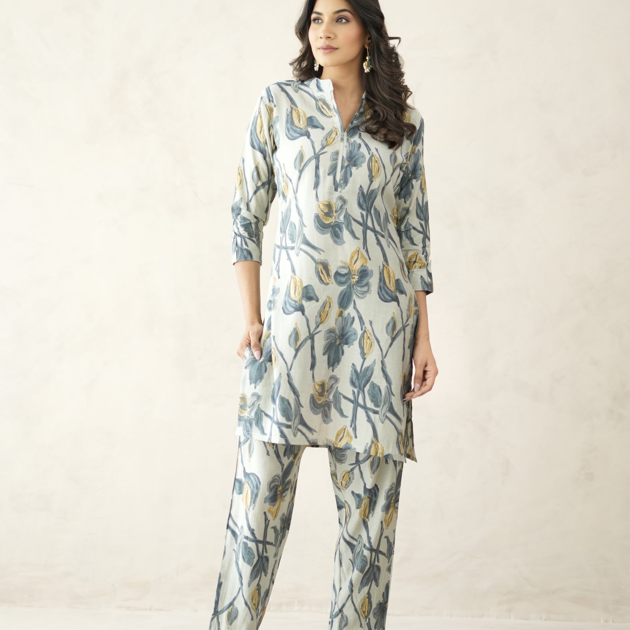 Grey And Blue Digital Bloom Habotai Silk Coord Set