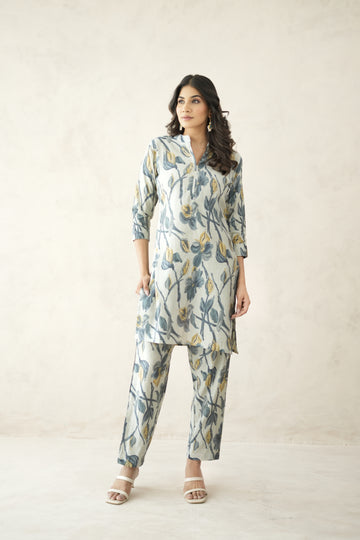 Grey And Blue Digital Bloom Habotai Silk Coord Set