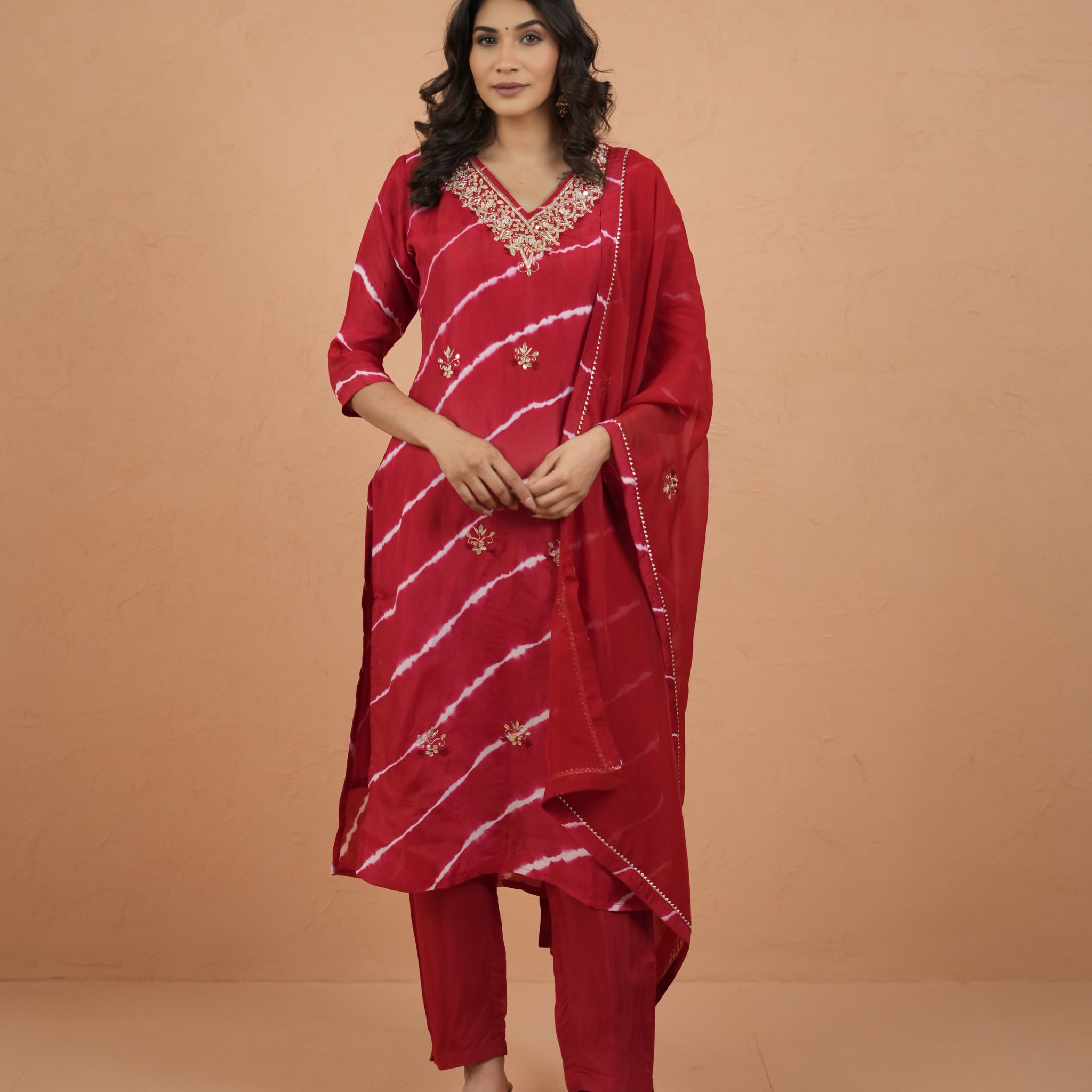 Red Laheriya Royale Hand-Dyed Kurti and Pant Suit Set