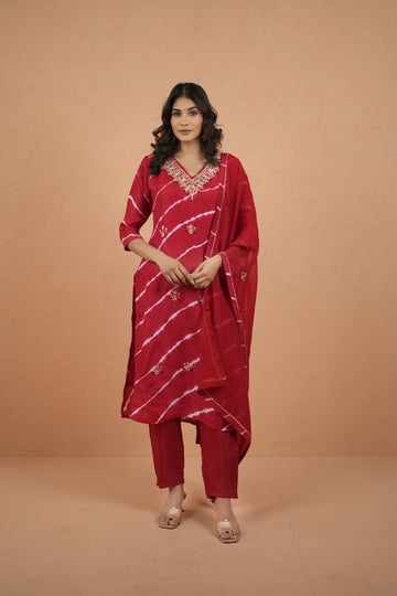 Red Laheriya Royale Hand-Dyed Kurti and Pant Suit Set