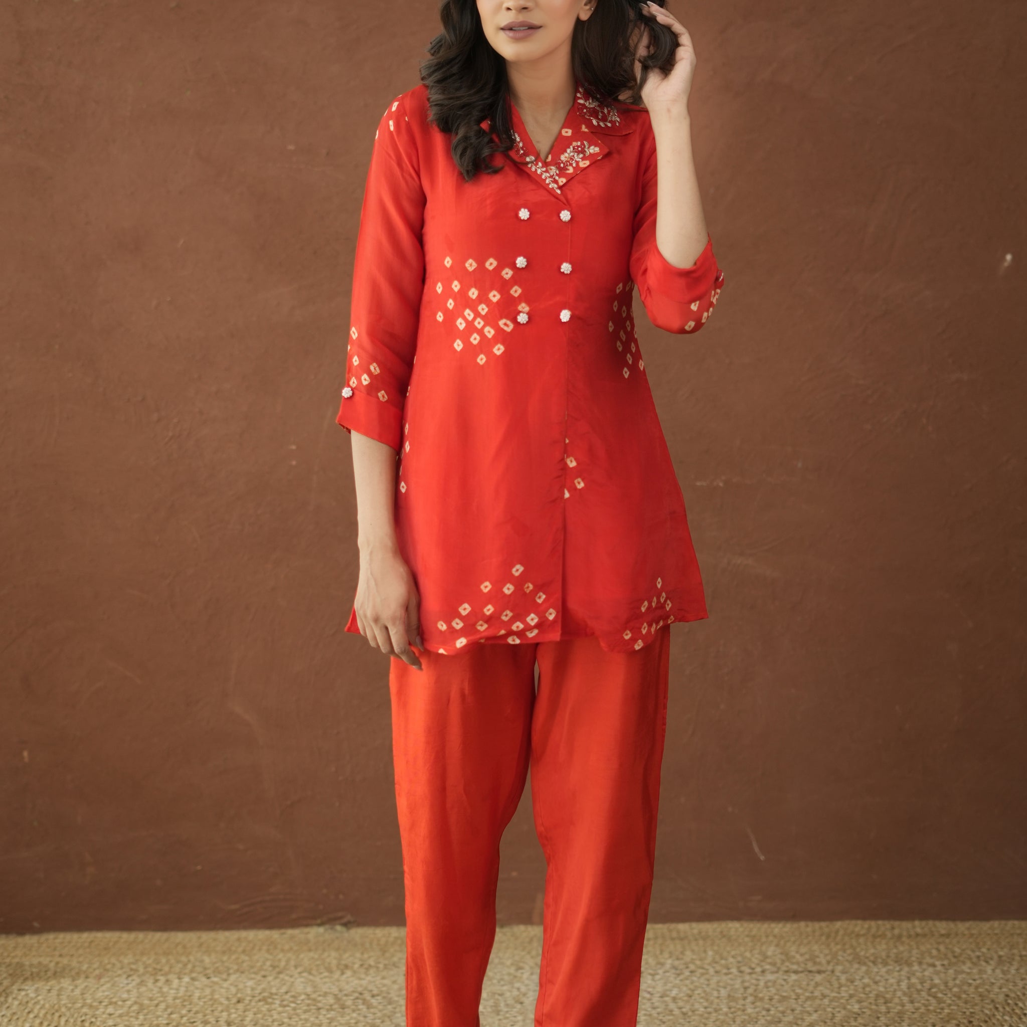 Orange Bandhej Ethereal Viscose Silk Coord Set