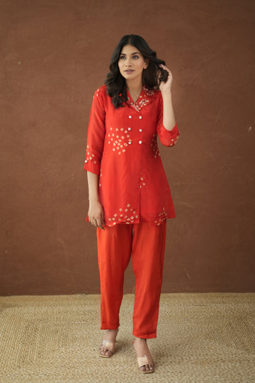 Orange Bandhej Ethereal Viscose Silk Coord Set