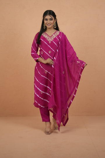 Pink Laheriya Royale Hand-Dyed Kurti and Pant Suit Set