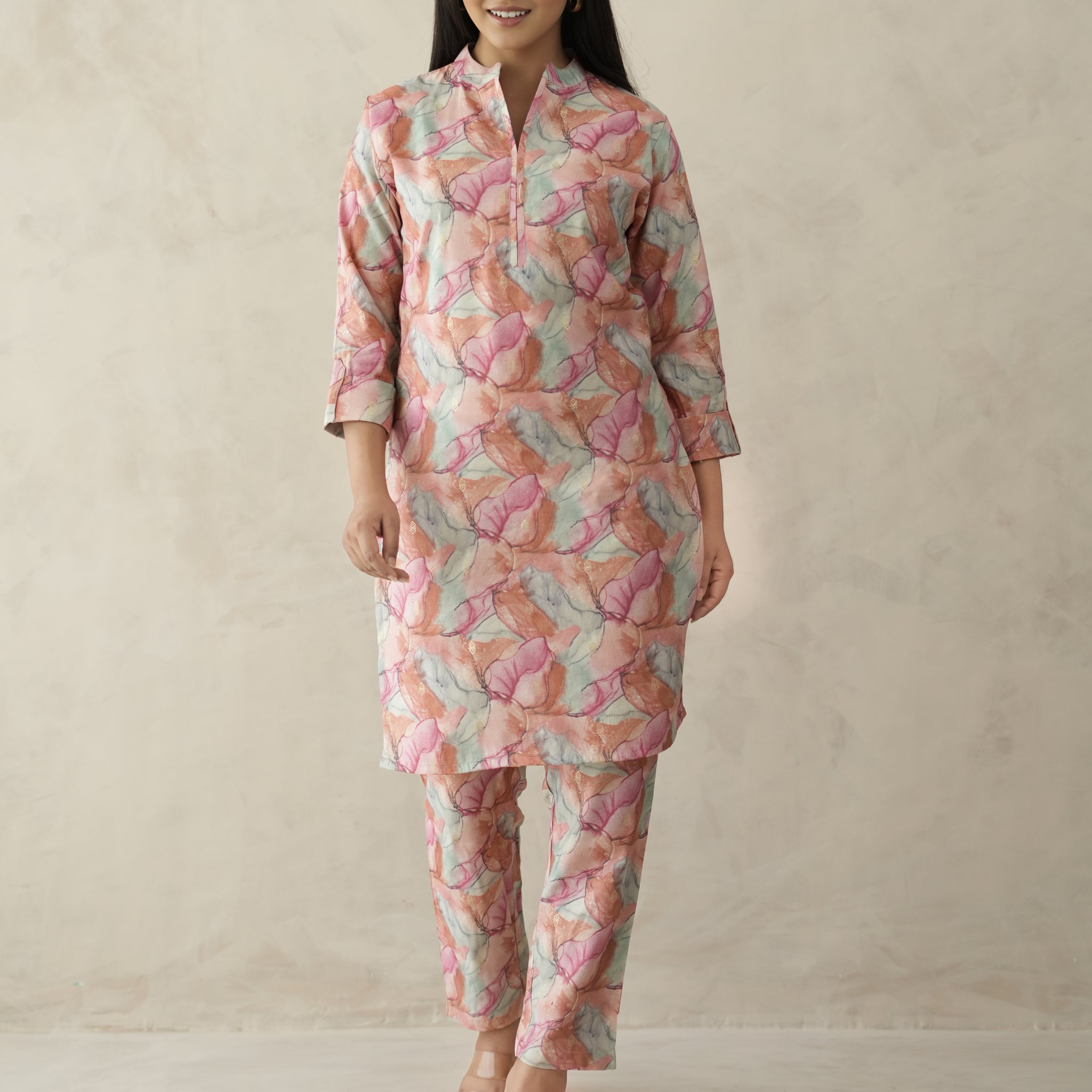 Light Pink  Digital Bloom Habotai Silk Coord Set
