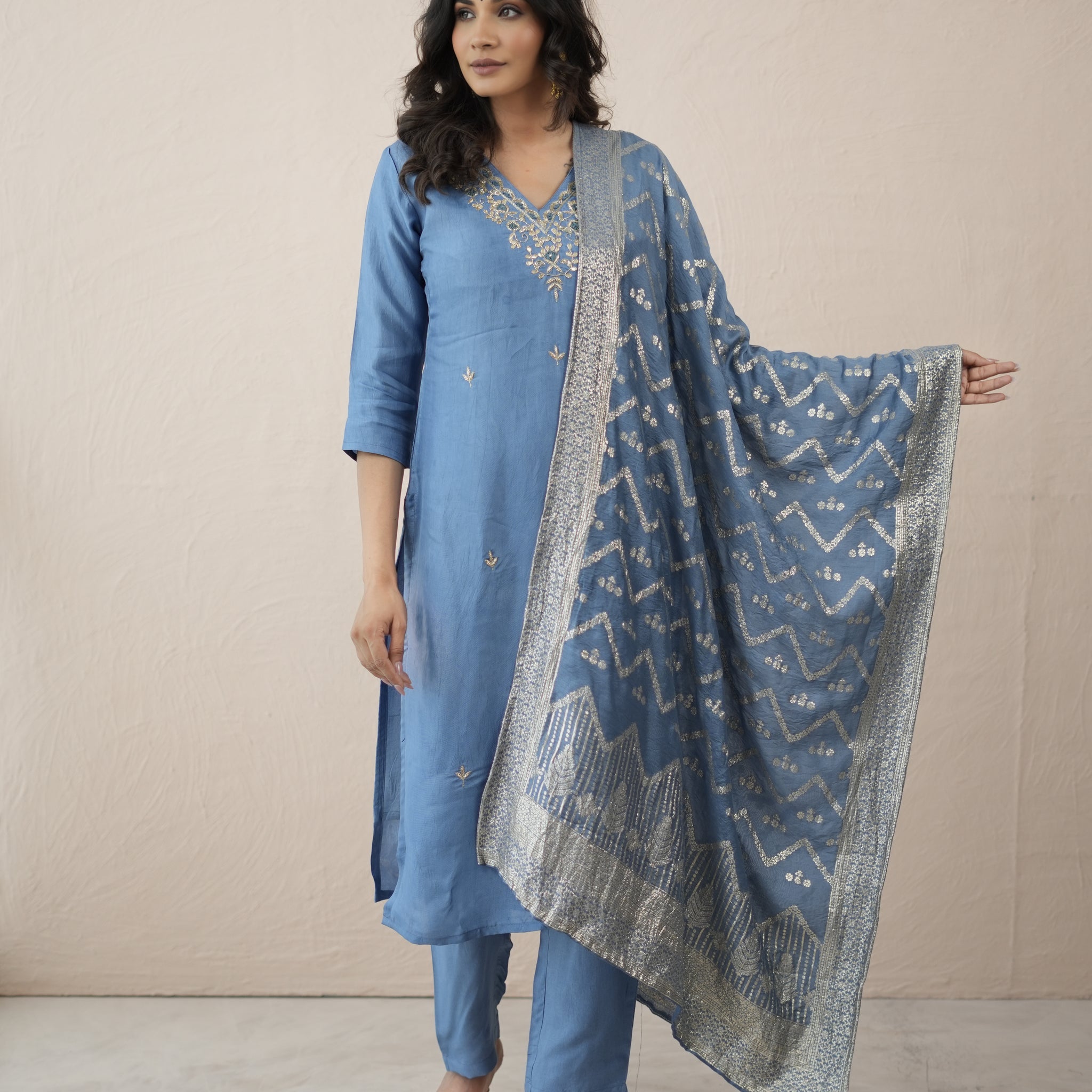 Blue Zari Silk Royale Suit Set