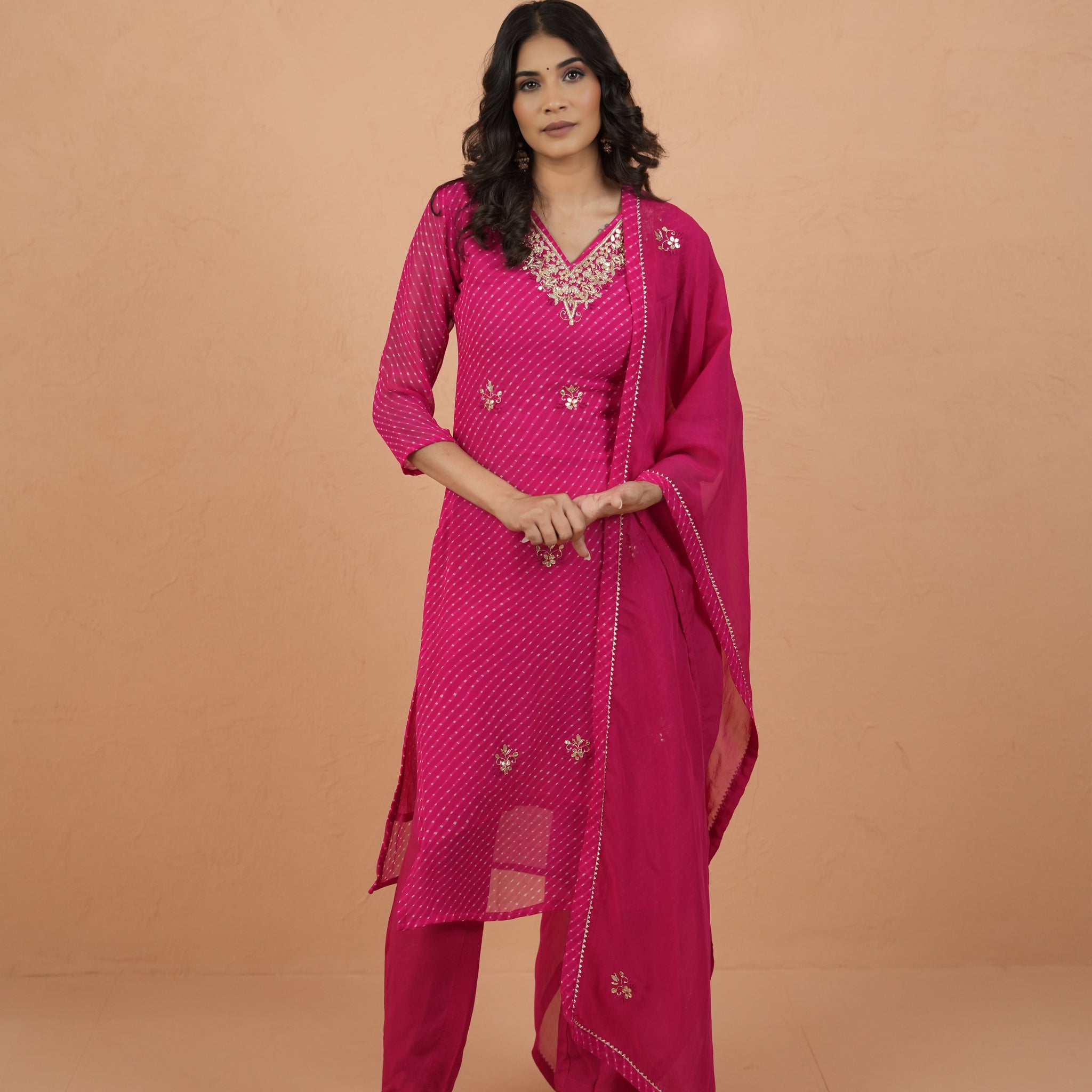 V Neck Pink Mothra Muse Handcrafted Suit Set