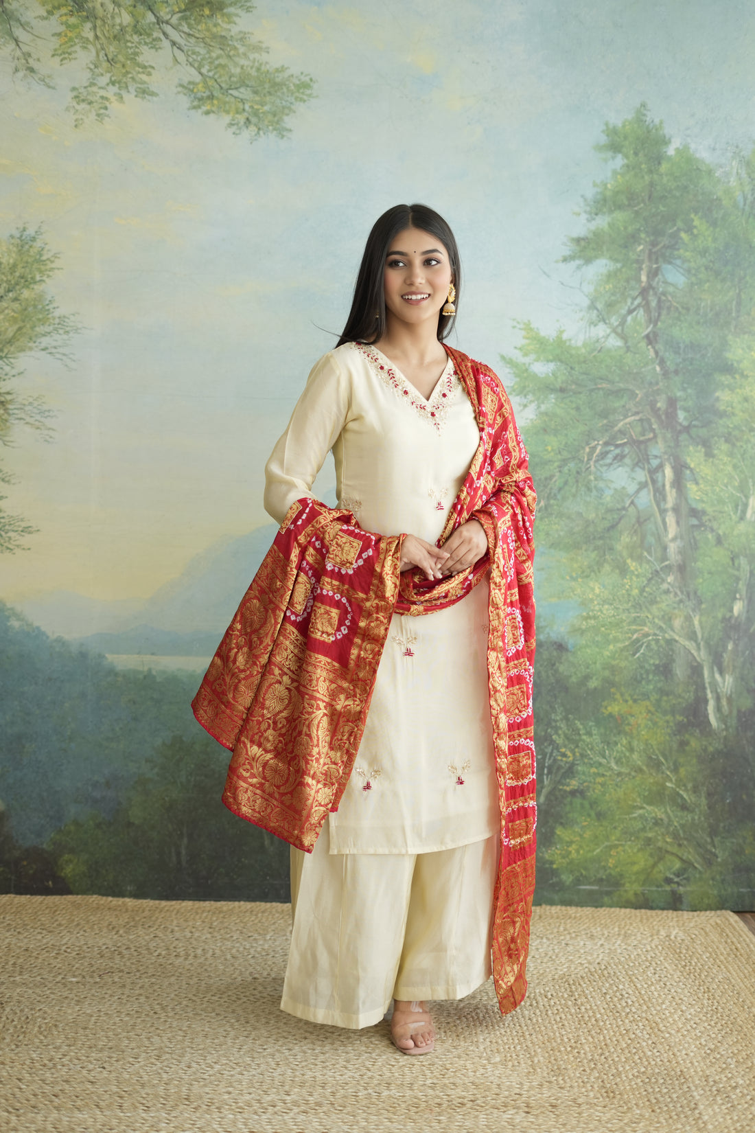 Red Bandhej Zari Bandh Tissue Silk Kurti And Palazo Suit Set