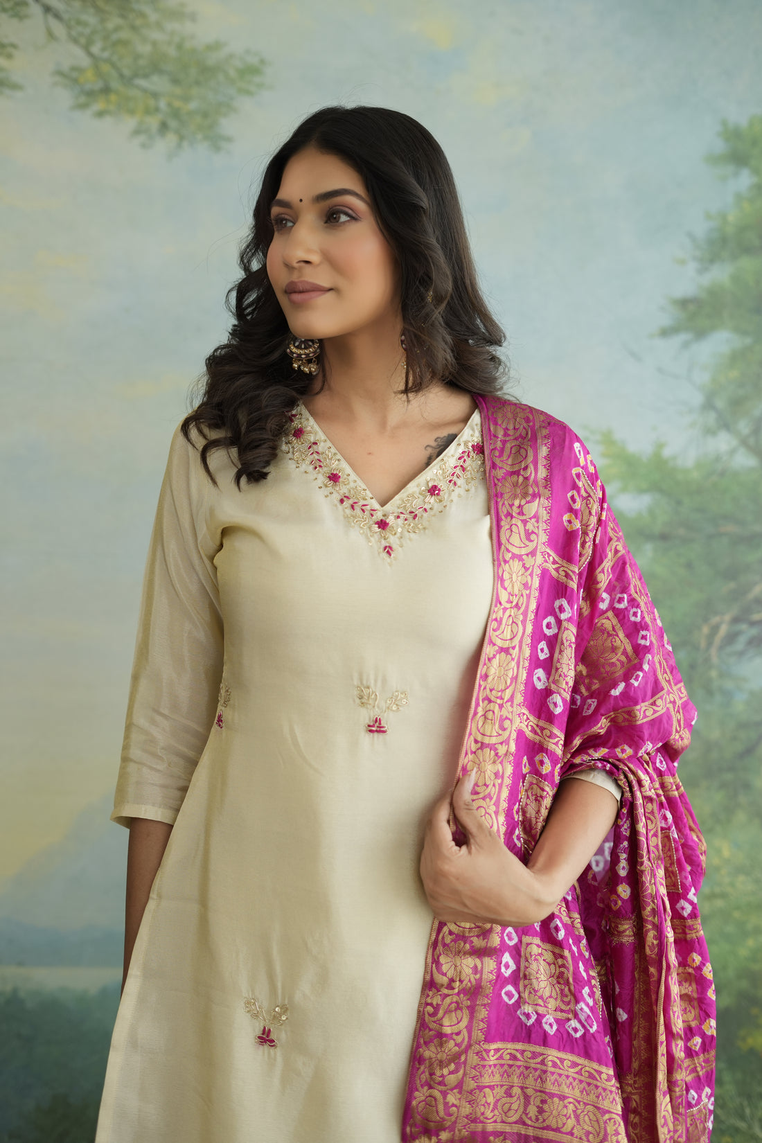 Pink Bandhej Zari Bandh Tissue Silk Kurti And Palazo Suit Set