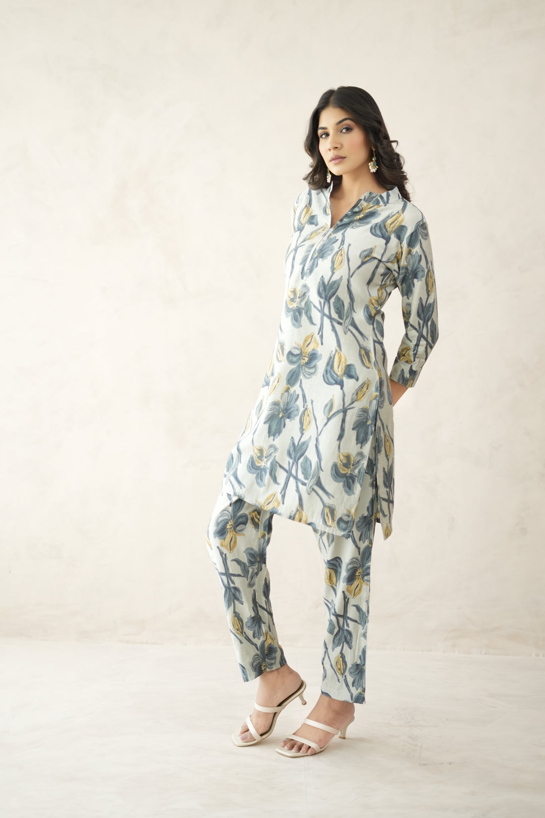 Grey And Blue Digital Bloom Habotai Silk Coord Set