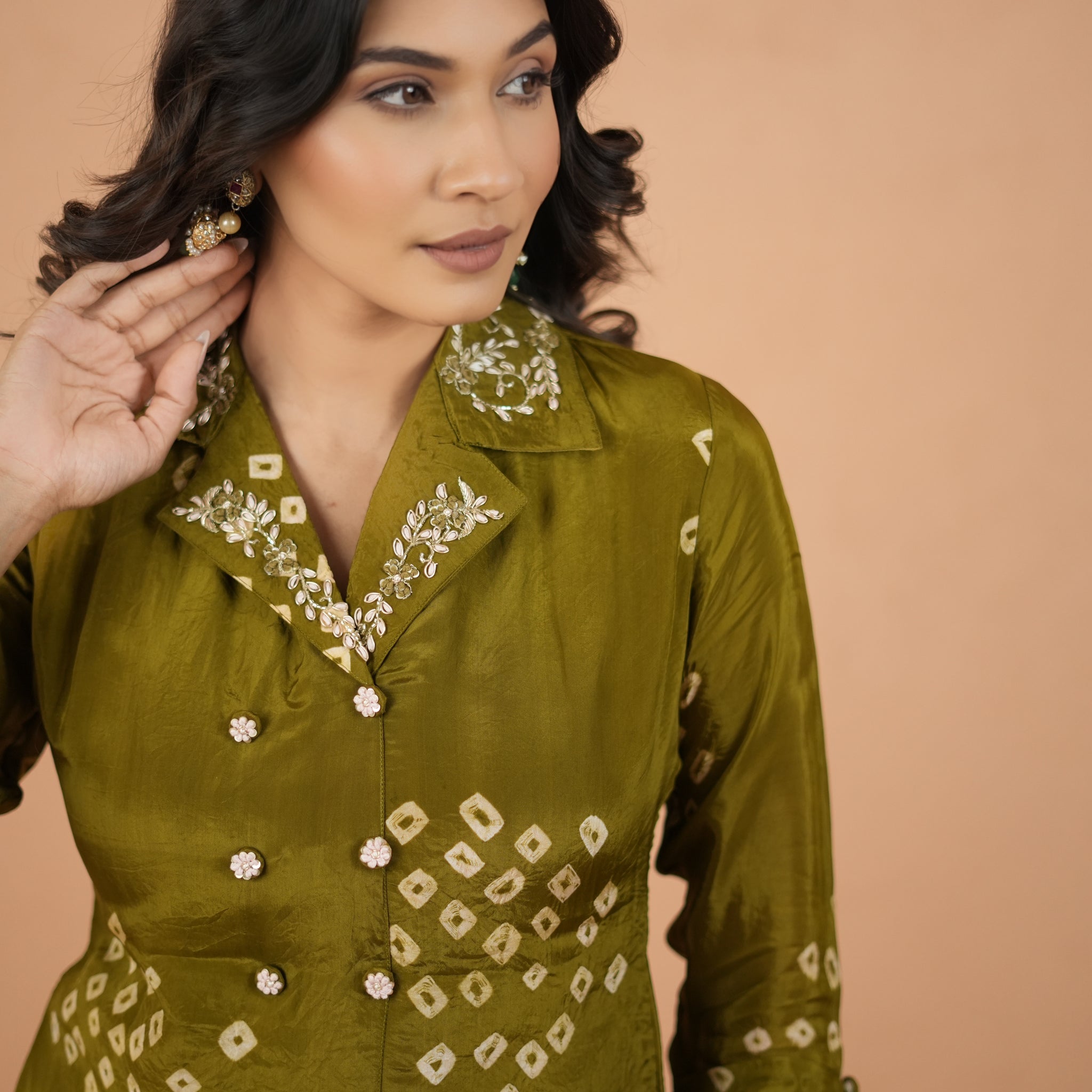 Olive Green Bhandej Silk Grace Ensemble Coord Set