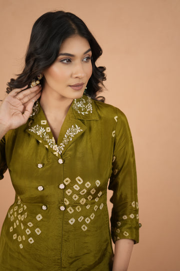 Olive Green Bhandej Silk Grace Ensemble Coord Set