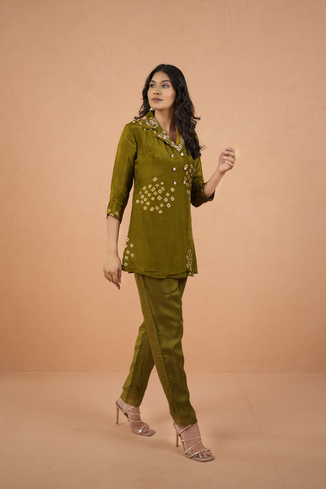 Olive Green Bhandej Silk Grace Ensemble Coord Set