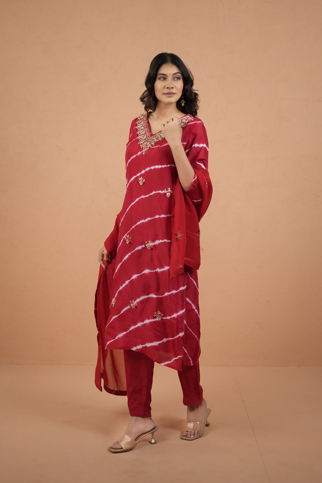Red Laheriya Royale Hand-Dyed Kurti and Pant Suit Set