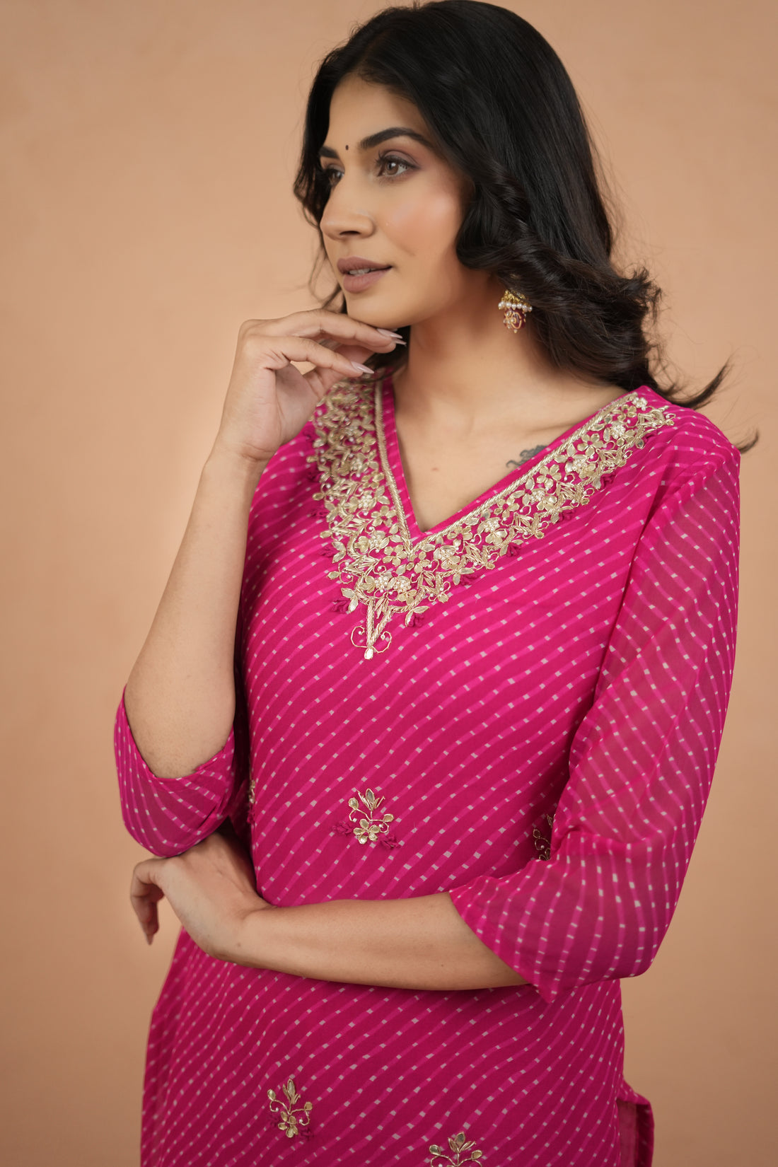 V Neck Pink Mothra Muse Handcrafted Suit Set
