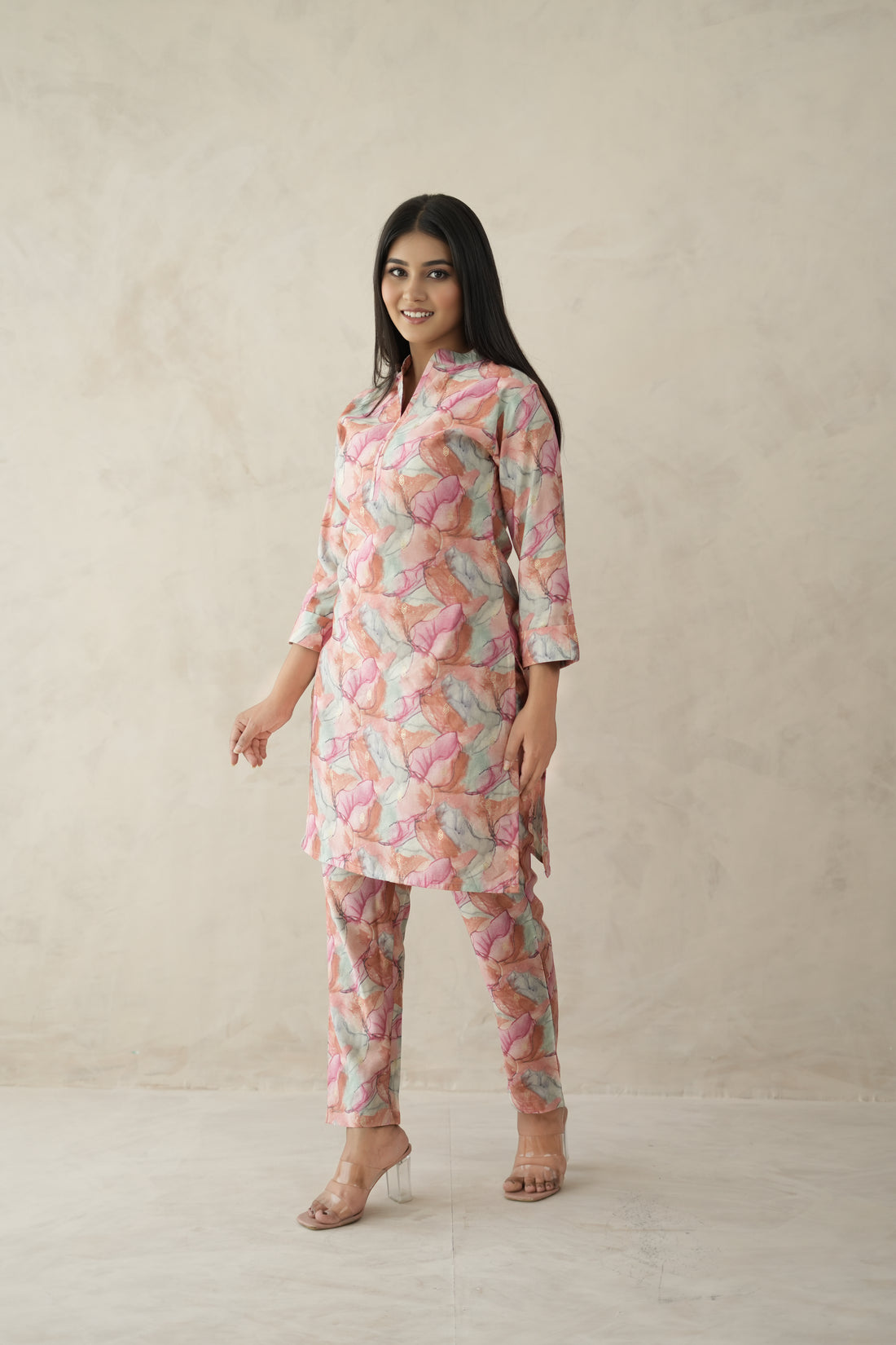 Light Pink  Digital Bloom Habotai Silk Coord Set