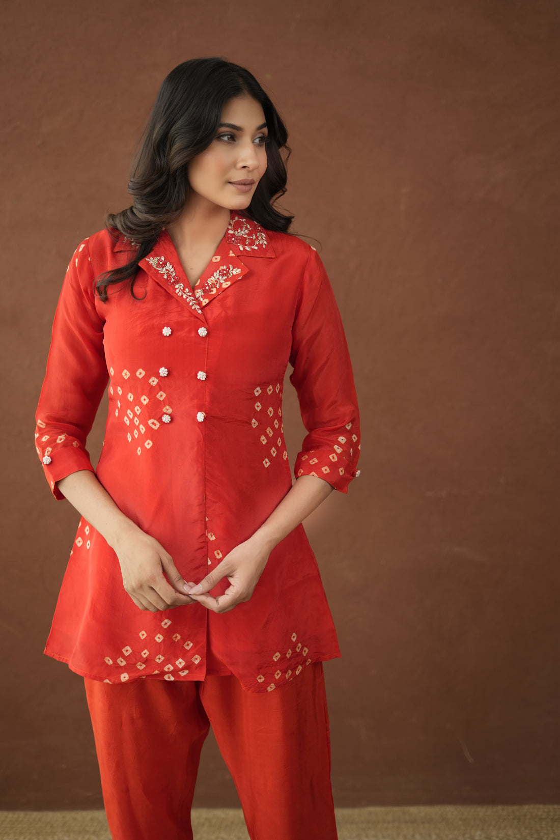 Orange Bandhej Ethereal Viscose Silk Coord Set