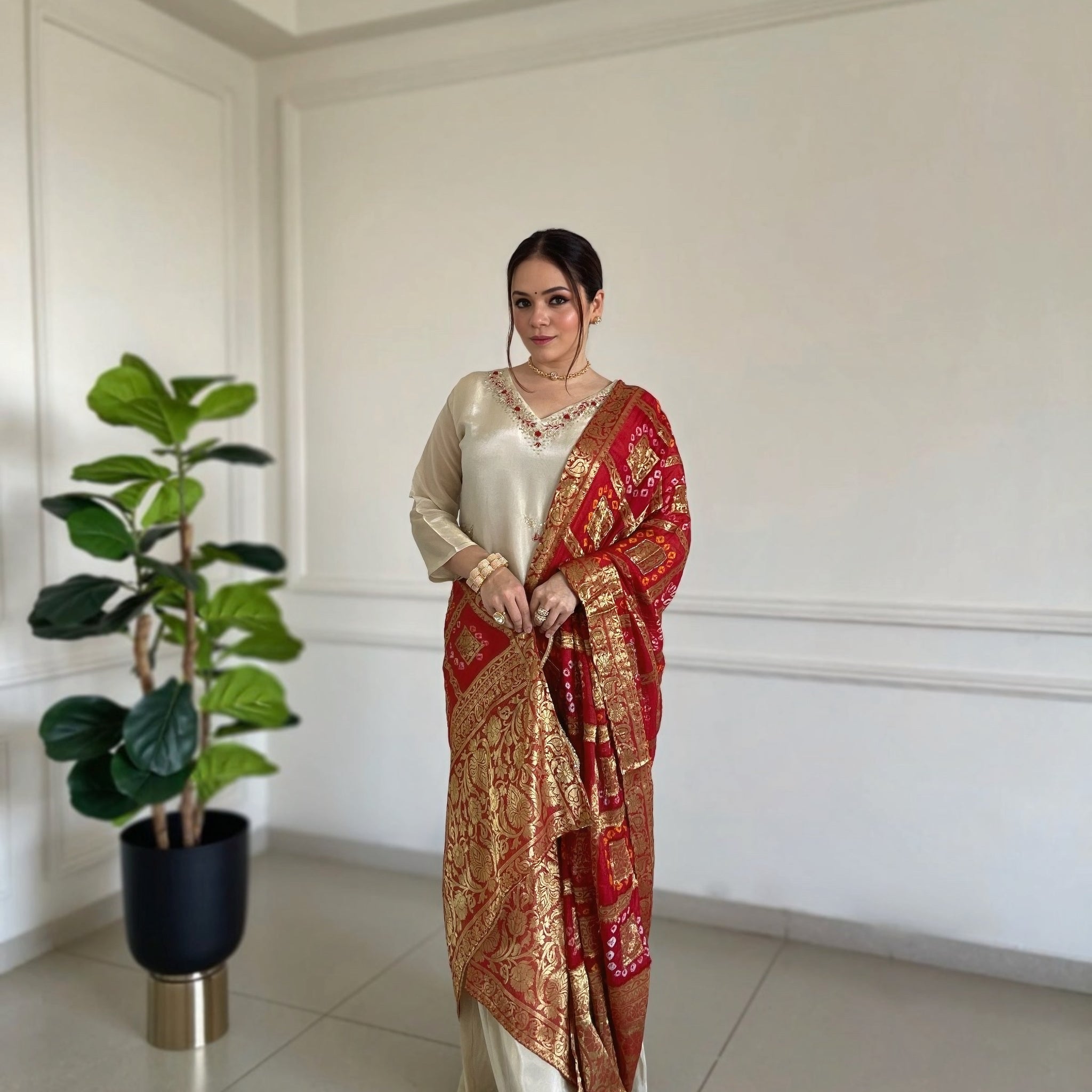 Red Bandhej Zari Bandh Tissue Silk Kurti And Palazo Suit Set As Seen On Heena Somani