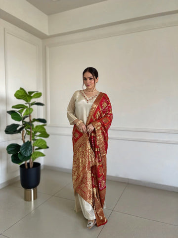 Red Bandhej Zari Bandh Tissue Silk Kurti And Palazo Suit Set As Seen On Heena Somani