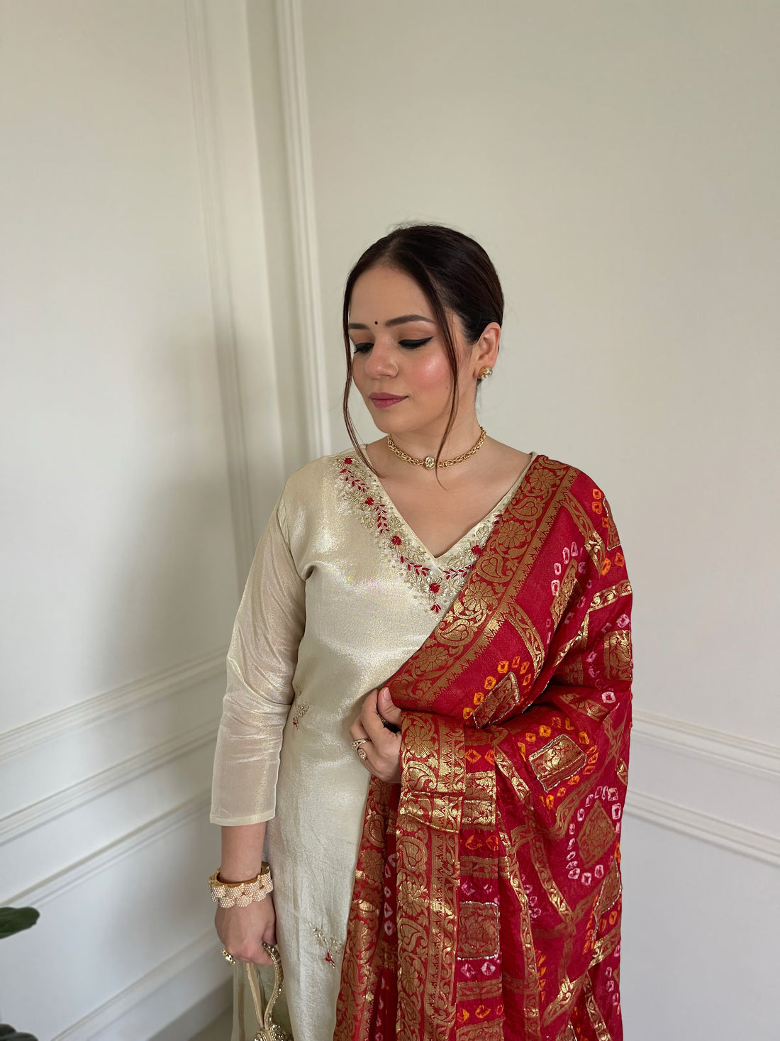 Red Bandhej Zari Bandh Tissue Silk Kurti And Palazo Suit Set As Seen On Heena Somani